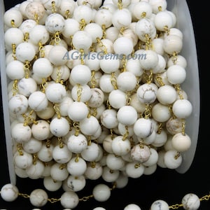 Turquoise Rosary Chain, 8 mm Natural White Turquoise Rosary Chain CH #370, 6 mm Gold Wire Wrapped, Beige Magnesite Stone Beaded Chain