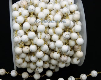 Turquoise  Chain, 8 mm Natural White Turquoise Rosary Chain CH #370, 6 mm Gold Wire Wrapped, Beige Magnesite Stone Beaded Chain