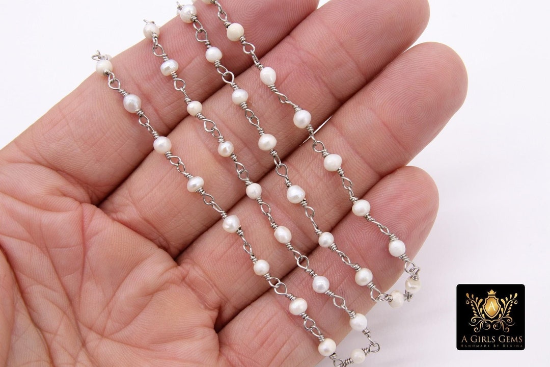 Natural Pearl Silver Chain, 4 Mm Dainty Freshwater Beads Chain CH 520 — free download