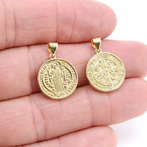 St. Benito Charms, 17 mm Gold Cross St. Benedict Charm #502, Round Medallion Medals Charms