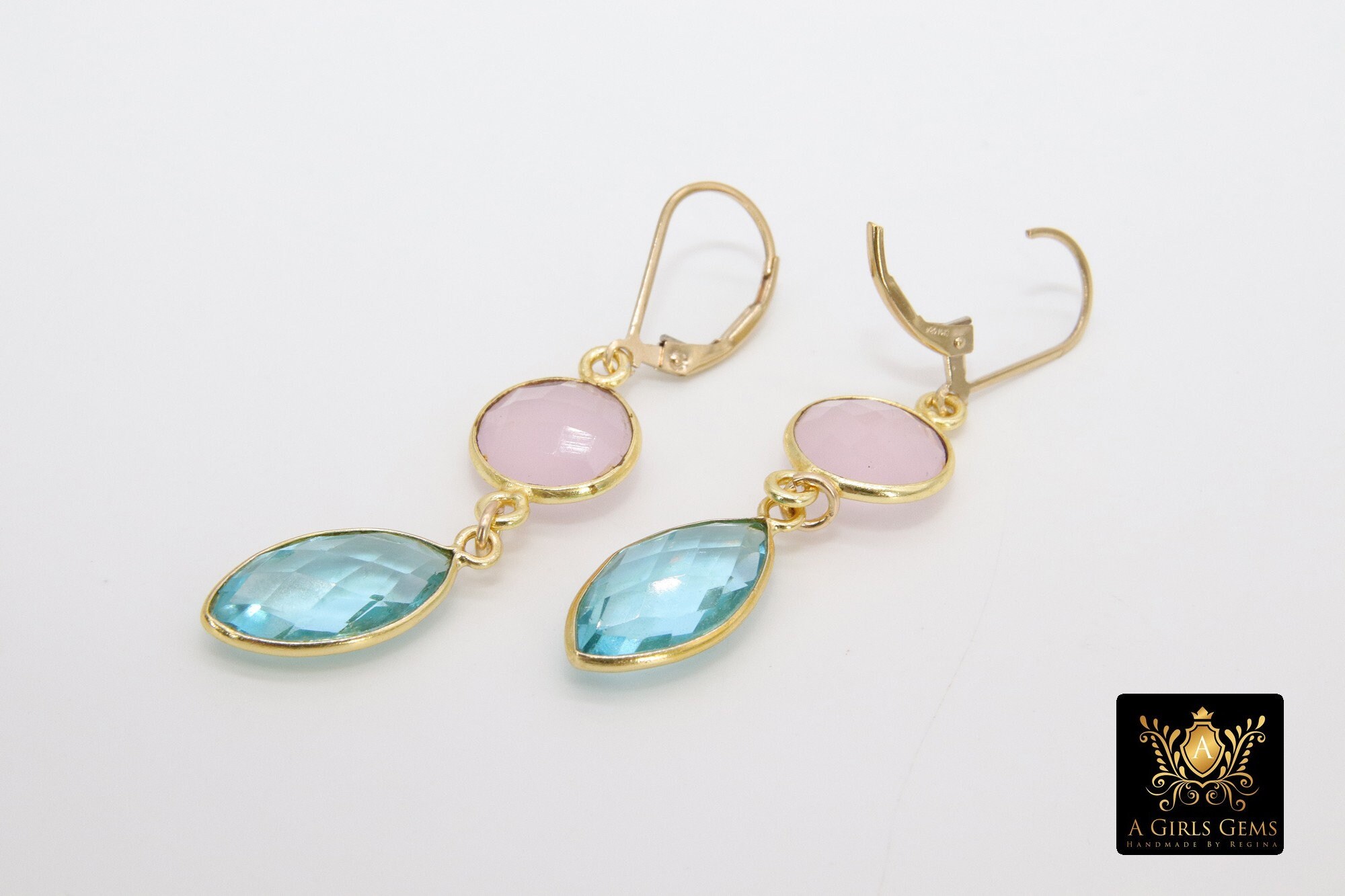 Boucles D'oreilles Anciennes En Quartz Rose, Topaze, Plaqué Or Et Argent - Pendantes, Occasion