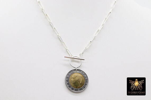 Silver Coin Necklace, 925 Sterling Silver Medallion Toggle Wrap
