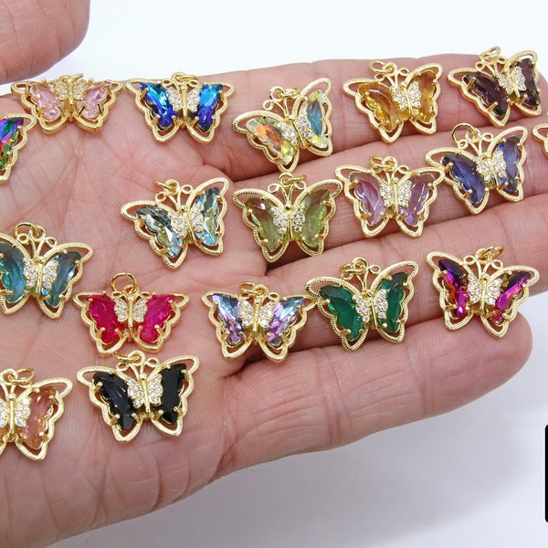 CZ Butterfly Charms, Gold Filigree Cubic Zirconia Crystal Butterflies #2683, High Quality Charms in 19 Colors