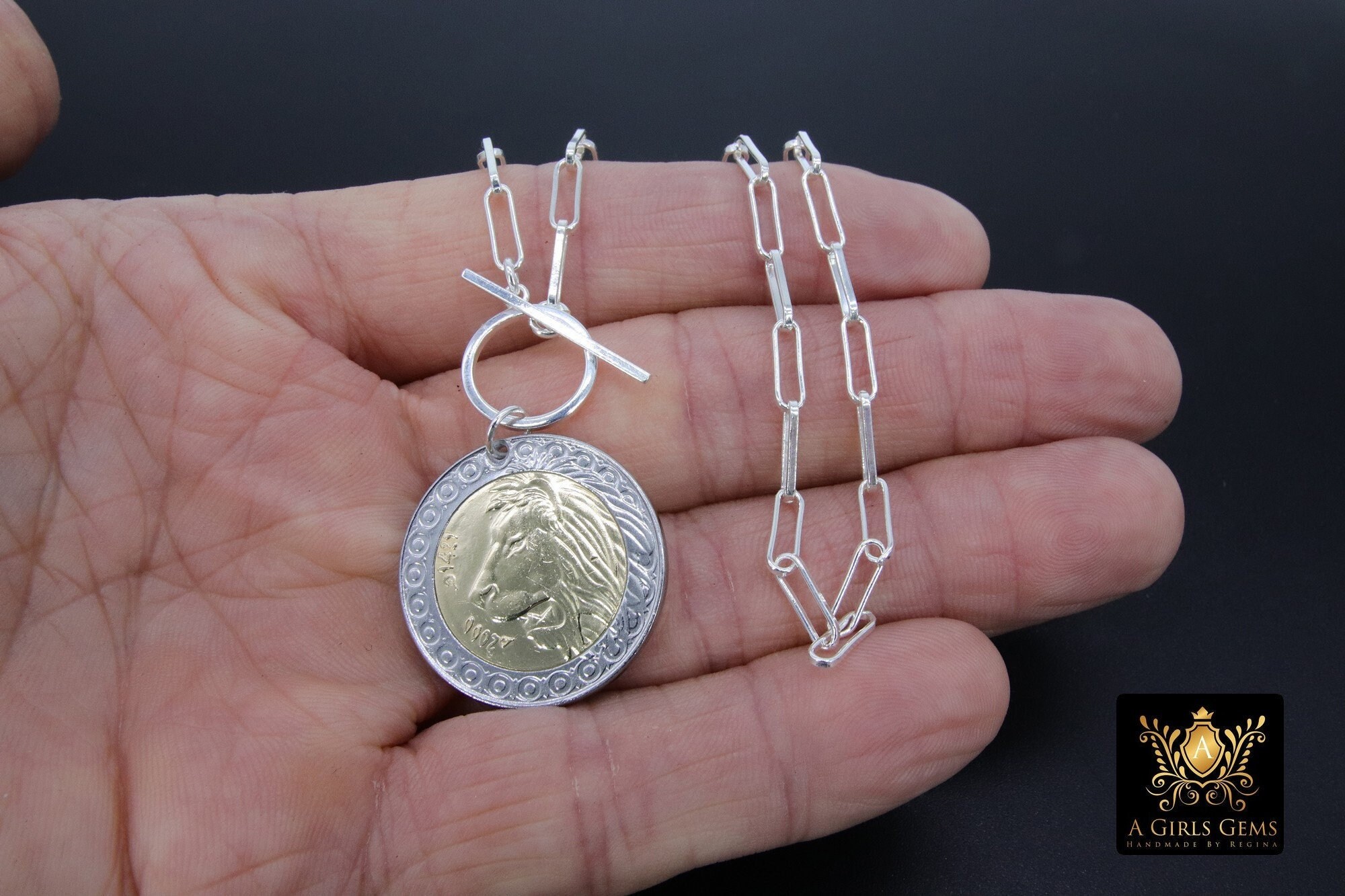 Silver Coin Necklace, 925 Sterling Silver Medallion Toggle Wrap