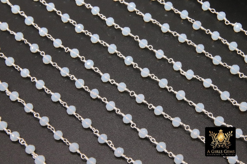 Vit opalkedja, 4 mm silvertrådslindad CH #438, pärlkedja Opalit, klar kedja, rulle i bulk grossist bild 3