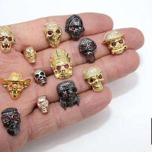 Gold CZ Pave Skull Bead Charms, Black Skull Cubic Zirconia Beads, Sugar Skull Spacer Beads, Skeleton Micro Pave Gunmetal Beads