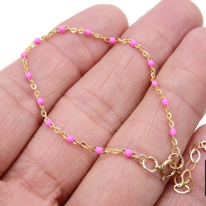 14 K Gold Filled Dainty Satellite Enamel Bracelet, Pink Enamel Beaded Chain, Stamped 14/20, Welded Jewelry, Minimalist Adjustable Bracelet