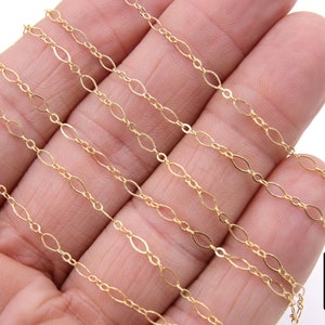 May include: A close-up of a gold chain with oval links. The chain is laid out on a hand, showing the length and detail of the links.