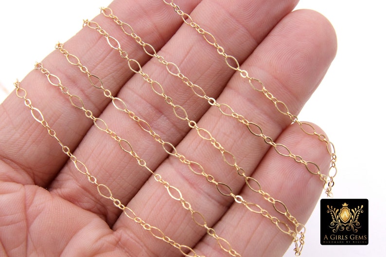 May include: A close-up of a gold chain with oval links. The chain is laid out on a hand, showing the length and detail of the links.