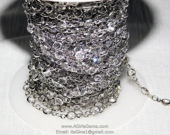 Silver Clear Crystal Bezel Rosary Chain, Silver plated Connector Bezel CH #518, 4 mm Chains