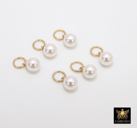 14 K Gold Filled Pearl Charms, Gold Hooplet Dangle 5 mm White Pearl Charms for Necklace # 2122, Balls for CZ Huggies or Bracelets