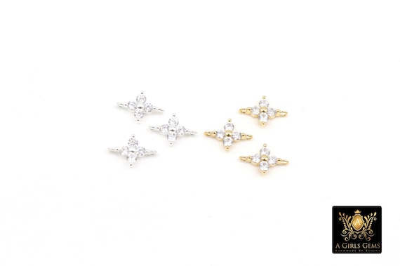 925 Sterling Silver CZ Clover Connectors, 14 K Gold Filled 6 mm Cubic Zirconia Quatrefoil Perpendicular Links # 3668, Minimulist, 6 x 9 mm