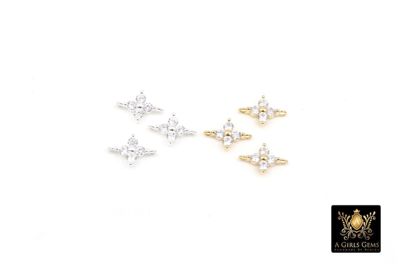 925 Sterling Silver CZ Clover Connectors, 14 K Gold Filled Perpendicular 6 mm Cubic Zirconia Silver Quatrefoil Links, Minimulist Jewelry, 6 x 9 mm