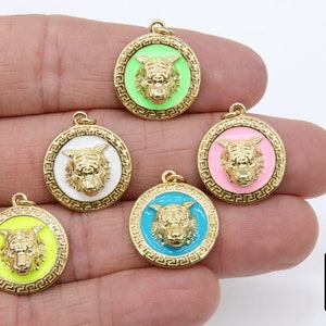 Enamel Tiger Head Charm, White and Gold Lion Head #2667, Round Disc Pink Green or Yellow, for Bracelet 3D Animal Necklace Jewelry