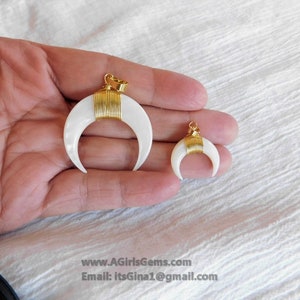White Double Horn Pendant, White Medium Natural Shell Crescent Moon Charms #941, 40 mm Gold Wire Horn Boho Tribal Pendant