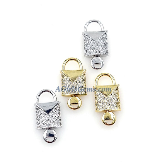 CZ Micro Pave Lock and Key Connectors, 18 k Gold Plated 11 x 24 mm, Silver Lock Key Charms, DIY Minimalist Jewelry