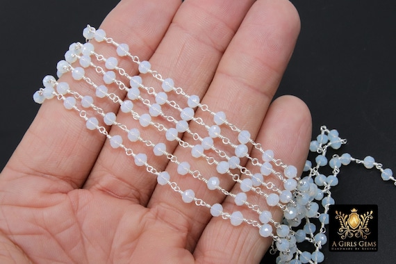 White Opal  Chain, 4 mm Silver Wire Wrapped CH #438, Beaded Chain Opalite, Clear  Chain, Roll Bulk Wholesale