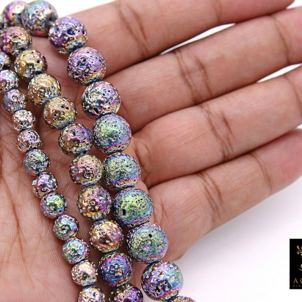 Multi Color Lava Rock Beads, Metallic Textured Plated Beads BS #48, Purple, Blue Green, sizes 4 mm 6 mm 8 mm 10 mm in 15.4 inch Strands