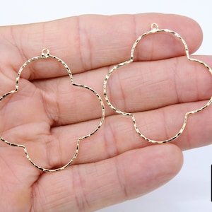 Textured Gold Clover Hoop Ear Rings, 44 x 50 mm Glittery Gold Charms #957, High Quality Quatrefoil Light Weight Wire Hoops Finding