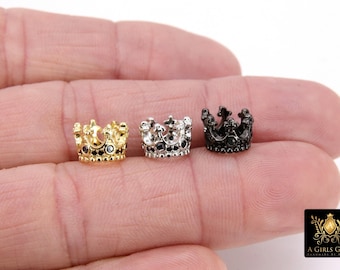 CZ Micro Pave Gold Crown Beads, Silver Crown Shaped Beads #3365, Black CZ Queen Crown Spacers, Bracelets Spacer Beads