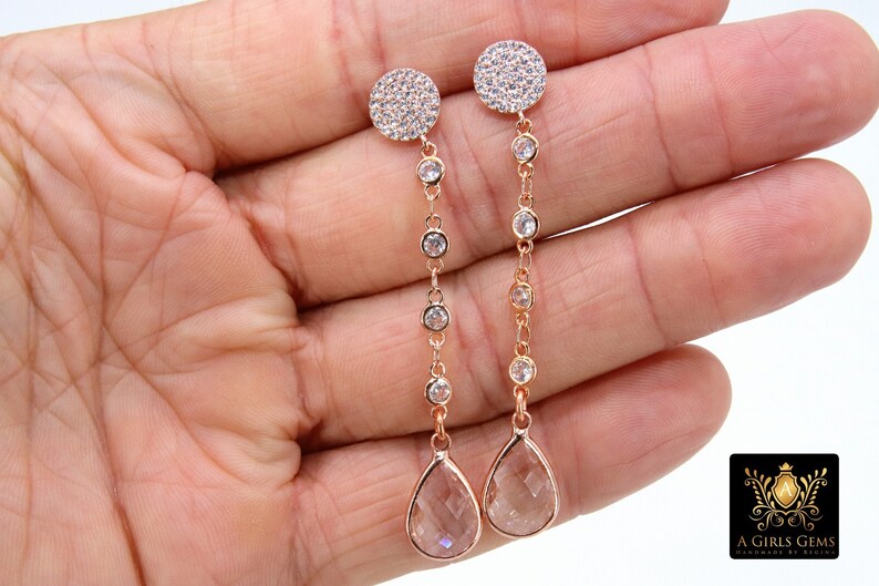 Dainty Chain Rose Gold CZ Earrings Cubic Zirconia Teardrop Dangle Drop Stud Earrings