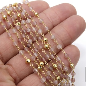 22 k Gold Natural Strawberry Quartz Rosary Chain, Unfinished 4 mm Gold Pyrite Beaded Wire Wrapped Pink by the Foot Diamond Cut Gemstone