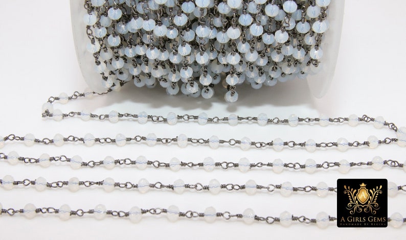 Vit opalkedja, 4 mm silvertrådslindad CH #438, pärlkedja Opalit, klar kedja, rulle i bulk grossist bild 8