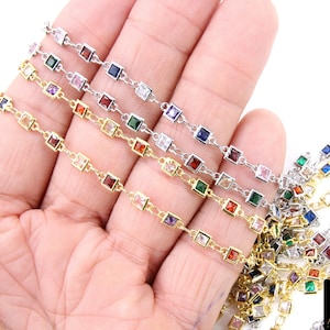 Genuine Cubic Zircon Chains, 4 mm Square Bezel Rainbow Chains CH #567, Silver or Gold Plated, 4 x 8 mm CZ Connectors Links