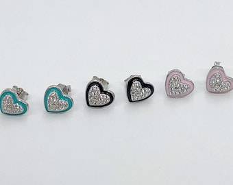 Boucles d'oreilles coeur en argent sterling émaillé CZ, 10 mm sterling 925, clous n° 3137, Aqua, rose ou noir, cadeaux pour petite amie, bijoux pour mère