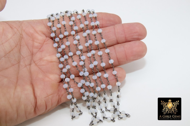 Vit opalkedja, 4 mm silvertrådslindad CH #438, pärlkedja Opalit, klar kedja, rulle i bulk grossist bild 6