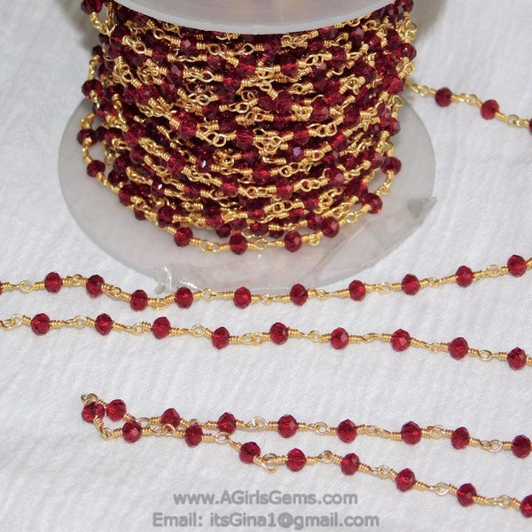 22k Gold Plated Ruby Red Rosary Chain, Cranberry Red 4 mm Chains CH #427, Red Jewelry Making