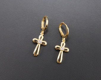 DREMMY STUDIOS Orecchini A Cerchio A Croce In Oro 14K Con Zirconia - Delicati E Semplici - copertina