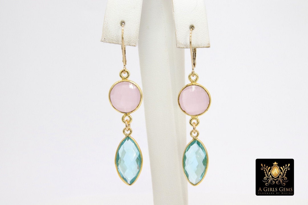 Boucles D'oreilles Anciennes - Quartz Rose, Topaze, Plaqué Or/argent - Pendantes Vintage