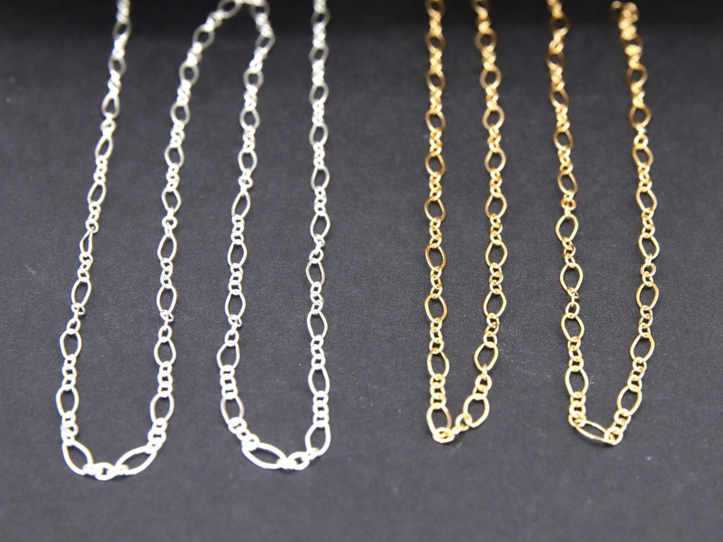 May include: Two chains, one silver and one gold, are shown against a black background. Both chains are made of oval links.