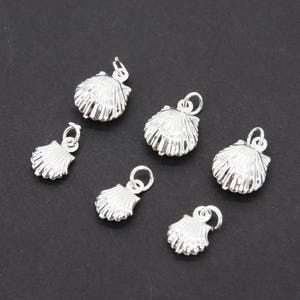 May include: Six silver shell charms with a detailed design. The charms are perfect for jewelry making or adding a touch of whimsy to any project.