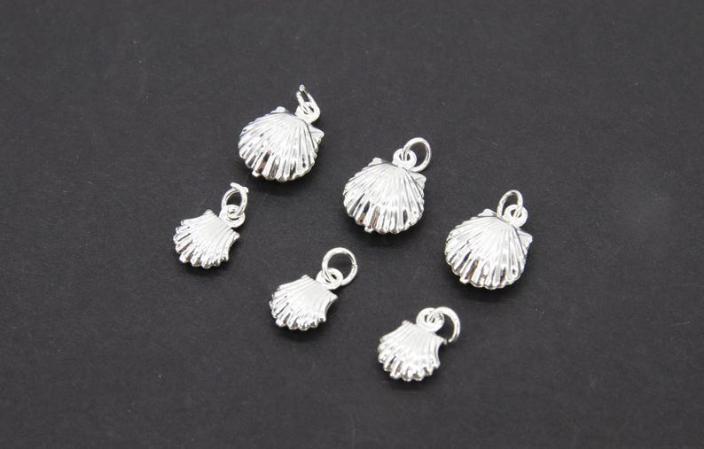May include: Six silver shell charms with a detailed design. The charms are perfect for jewelry making or adding a touch of whimsy to any project.