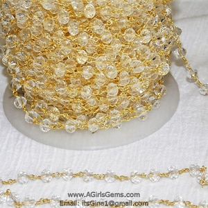 Clear Crystal Rosary Chain, 6 mm Crystal 22k Gold Plated Chain CH #323, Boho Jewelry Chains