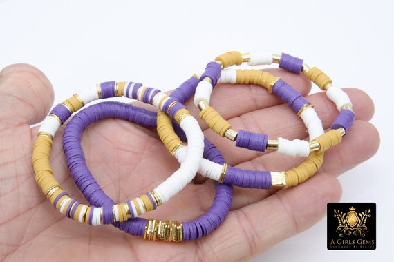 LSU Heishi Beaded Bracelet, Purple White Gold Stretchy Bracelet #795, Ravens Team Spirit Clay Beaded Bracelets Purple/GoldHeishi