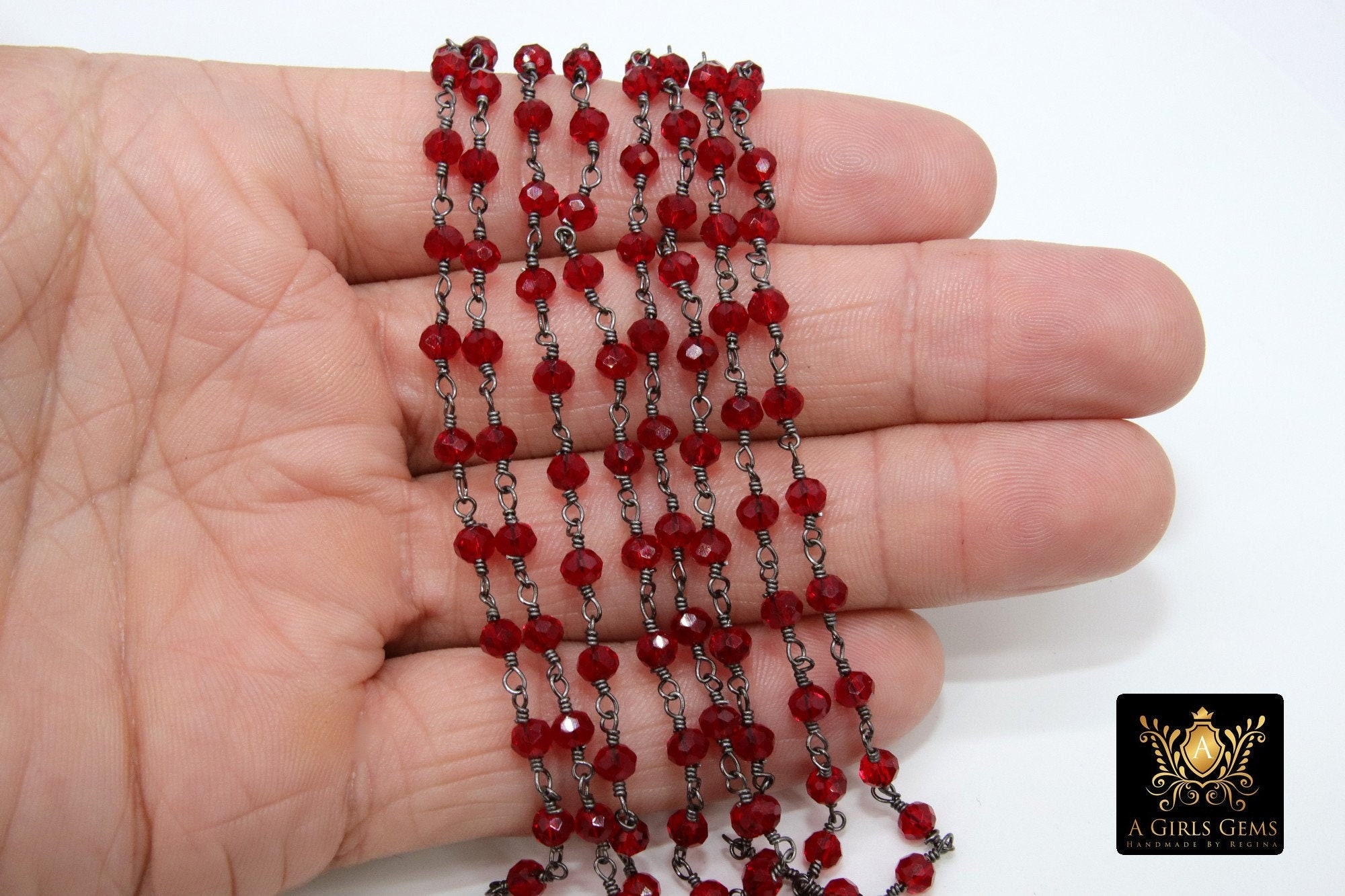 Ruby Red Rosary Chain, Gunmetal Black Wire Wrapped 4 Mm
