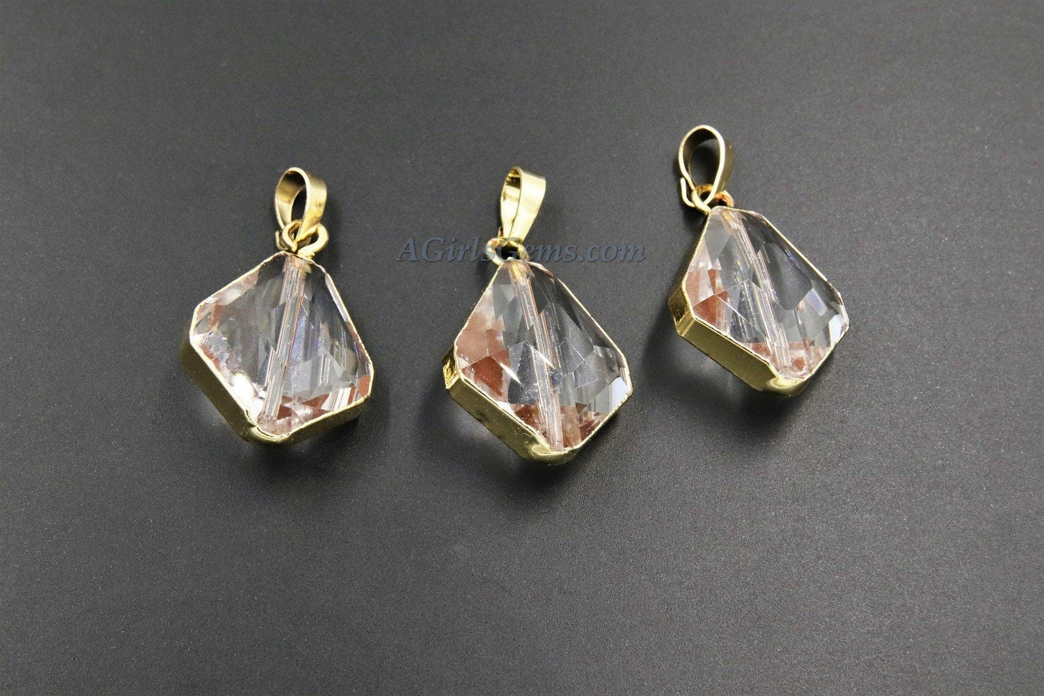 French Crystal Soldered Pendants, Crystal Teardrop Oval, Black, Gold Diamond Shaped Chandelier Crystal Charms in Copper Foil