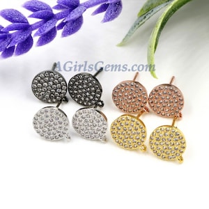 CZ Pave Round Disc Earrings, 10 mm Gold Post Stud Earring Findings #296, Bridal party, Silver Open Loop Posts Jewelry Findings