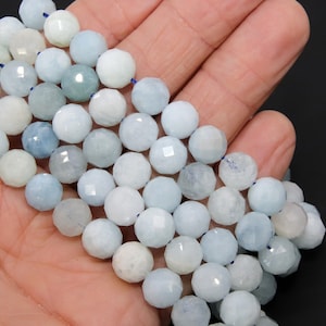 Natural Aquamarine Faceted Beads, Diamond Cut Round Light Blue and White BS #57, sizes in 6 mm 8 mm 10 mm 15.5 inch FULL Strands