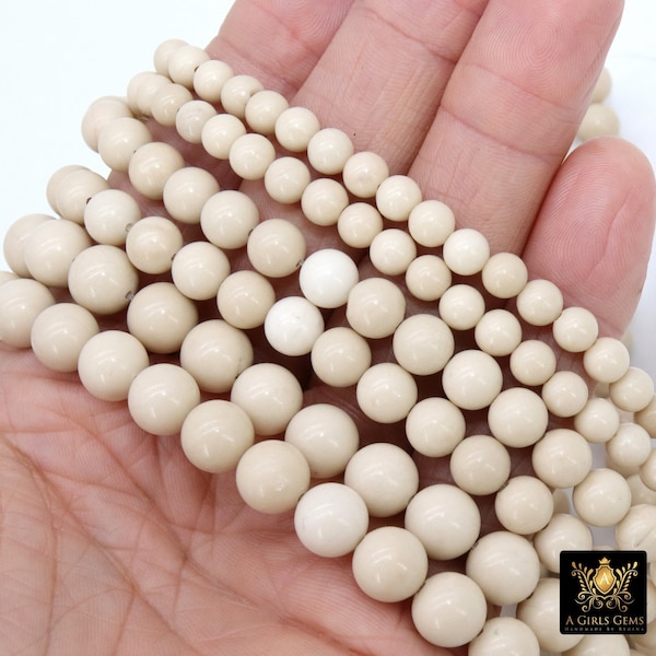 Perles fossiles naturelles, perles rondes en ivoire crème, perles de pierre de rivière BS #17, tailles en brins de 6 mm 8 mm 10 mm 16 pouces