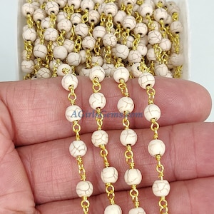 Turquoise Rosary Gold Chain, 6 mm Howlite Rosary Chain CH #364, Cream Ivory Beige Chain, Wire Wrapped Beaded Rosary, By the Foot