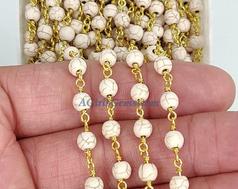 Turquoise  Gold Chain, 6 mm Howlite Rosary Chain CH #364, Cream Ivory Beige Chain, Wire Wrapped Beaded Rosary, By the Foot