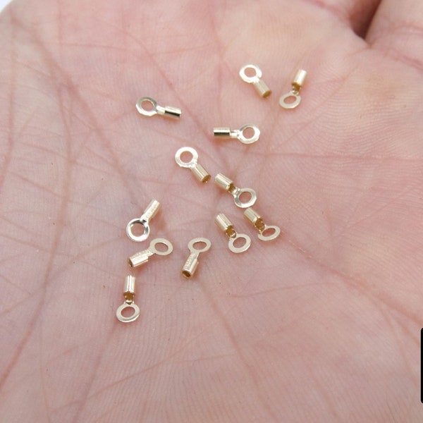 14 kt gold filled krimpdoppen, gouden sierlijke ketting crimps # 2805, ring van 3 mm en gat van 1,0 mm binnendiameter, sieraden