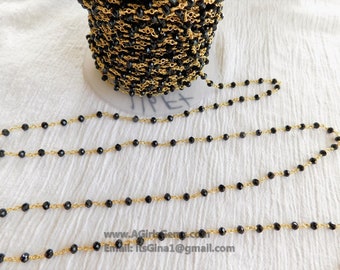 22 k Gold Black  Chain, 4 mm Beaded  Chain CH# 343, Gold Wire Wrapped Rondelle Beads, Unfinished Chains, By The Foot