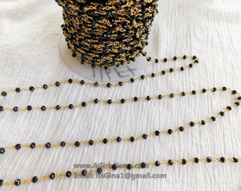 Black Rosary Chain, Gold Beaded Rosary Chain CH #343, 4 mm Rondelle Wire Wrapped