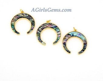 Double Horn Pendant, Gold Abalone Shell Moon Blue Shell Charm, Natural Boho Horn # 443