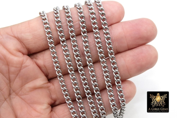 Stainless Steel Chain, 304 Silver Flat Dainty Curb Chains CH# 107, 6 mm Unfinished Cable Necklace Chains, By the Yard